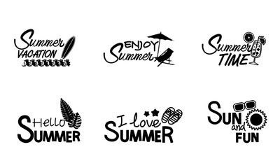 Summer and Summer Vacation Calligraphy. Set of lettering for Summer seasonal design. Vector illustration.