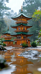 Obraz premium Wooden pagoda in a misty Japanese garden, reflected in a still pond. Detailed structure, serene ambiance