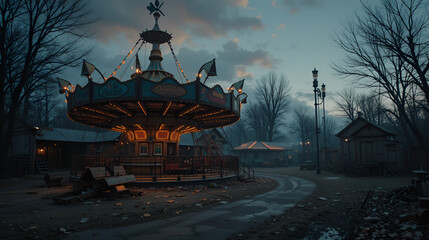 Abandoned fairground with broken rides and flickering lights, haunted Halloween fun, spooky carnival atmosphere