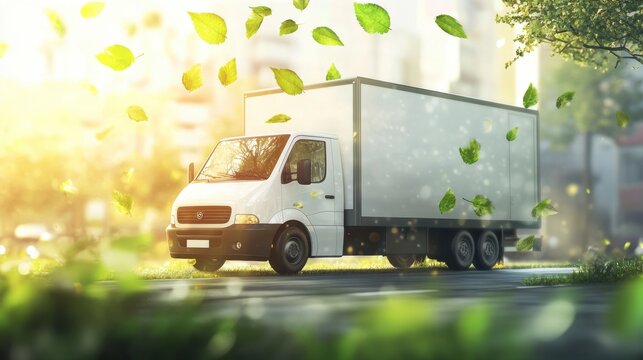 White Delivery Truck on City Street with Green Leaves