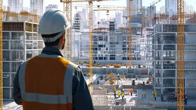 Construction Site Supervisor: A construction worker wearing a hard hat and safety vest oversees a large-scale construction project, showcasing the scale and complexity of modern building.