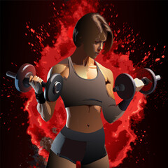 Strong Fitness Girl Training Biceps with Dumbbells – Vector Illustration