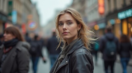 Woman stands still in busy city crowd, blur of movement, individuality amid chaos.
