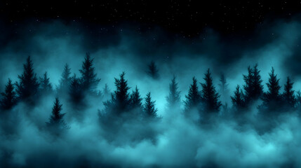 Mystical forest shrouded in a thick, luminous, teal-colored mist at night.  Dark silhouettes of evergreen trees pierce the fog against a star-studded sky