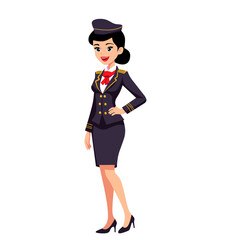 Vector illustration of a smiling female flight attendant in uniform. Elegant airline stewardess character in formal outfit, standing and posing