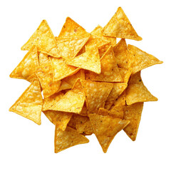 Crunchy golden tortilla chips piled together for a tasty snack on a white background