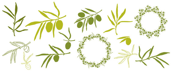 Mediterranean set with hand drawn simple outline olive branches and olive fruits,