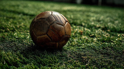 Fototapeta premium A worn and textured leather soccer ball rests on vibrant green artificial turf, showcasing the game's history and the contrast of old and new technology.