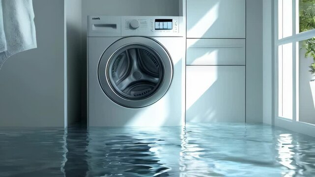 Flooding and water damage in the basement modern laundry room with one washing machine caused by a burst pipe