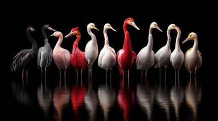 Elegant flock of storks in black grey pink red and white hues reflected on dark water surface adding mysterious and dramatic flair to the image