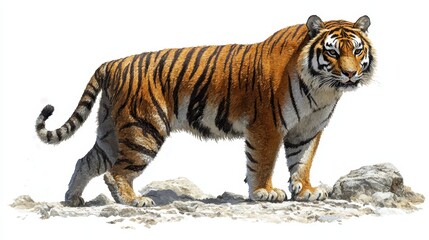 Obraz premium MajesticBengalTigerPoisedonGroundDetailingaPowerfulFelineWithStrikingStripesandIntenseGazePerfectforWildlifeNatureIllustrationProjects