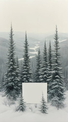 Snowy mountain landscape with a blank canvas at its center.  Frosted evergreen trees frame a white rectangle, surrounded by a valley scene