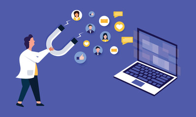 Customer retention concept with hand holding magnet, social media elements attract to magnet