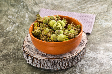 Fresh green ripe hazelnut heap