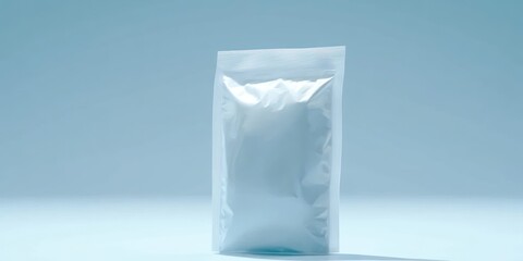 A single blank white stand up pouch on blue background
