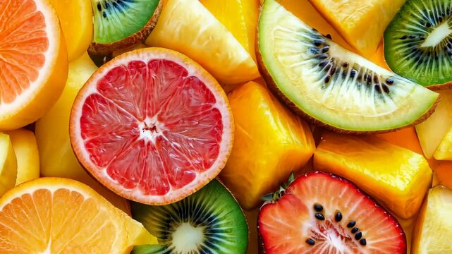 Vibrant array of sliced citrus and tropical fruits in colorful pattern