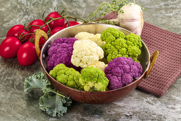 Raw cauliflower different colors heap