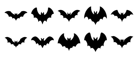 Collection of Twelve Black Bat Silhouettes on White Background Halloween Decorations
