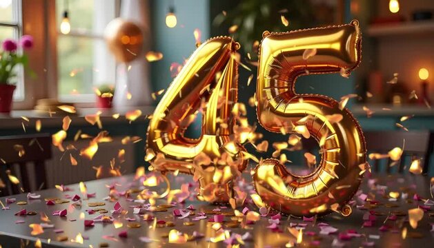 45th Birthday Celebration with Gold Balloons and Confetti  