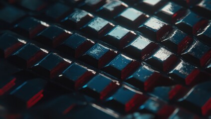 Obraz premium Close-up view of a dark, futuristic, geometric pattern of many small, square, and rectangular modules, with glossy surfaces and deep shadows and highlights Red 