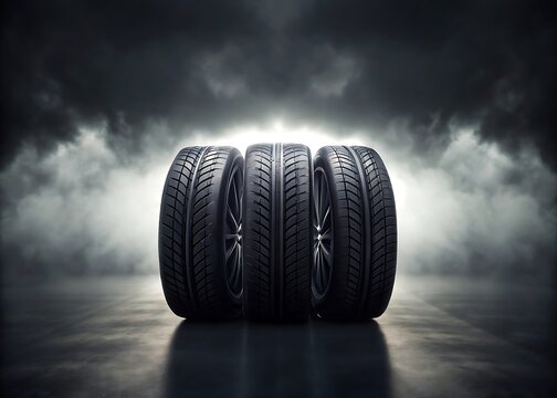 Three Black Tires Against a Dramatic Cloudy Sky