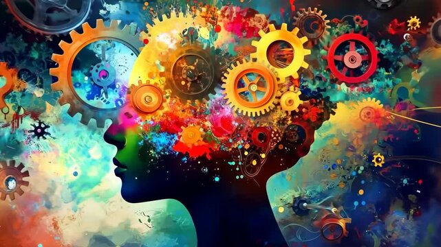 Vivid human mind: colorful gears and abstract creativity in motion