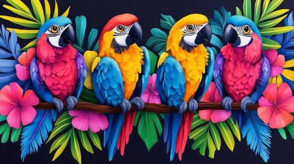 Pixelated paradise colorful macaws perched tropical vibrant foliage digital illustration whimsical design contemporary art cheerful parrots