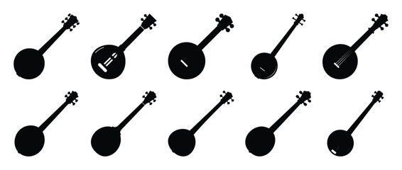 Collection of Ten Black Silhouette Banjos in Various Angles