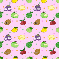 Cheerful Tropical Fruit Toss on Pink: A Lively Repeat Pattern Featuring Mangosteen, Santol, Langsat, Guava, and Mango Illustrations Scattered on a Soft Pink Backdrop