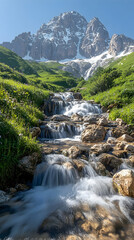 Serene mountain stream cascading over rocks flowing towards a snow-capped peak under a clear blue sky Lush green meado