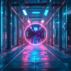 A neon sphere glowing brightly within a futuristic corridor, blending technology with abstract art
