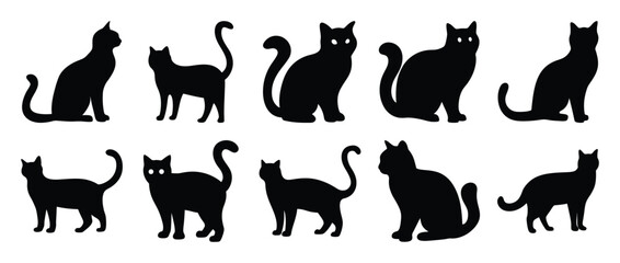 Collection of Ten Black Cat Silhouettes in Various Poses and Orientations