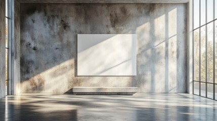 Modern Gallery Interior With Blank Canvas And Bench