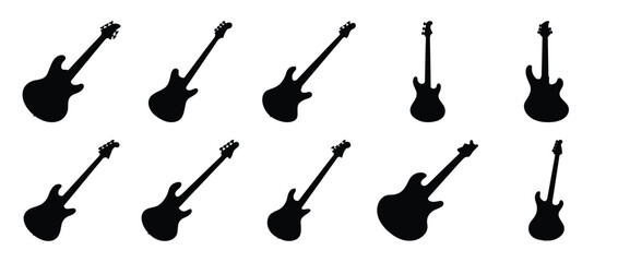 Collection of Ten Black Silhouettes of Bass Guitars in Various Angles