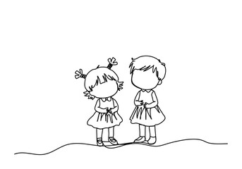Cute little boy and girl. One line drawing vector illustration.