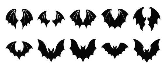 A Collection of Twelve Black Bat Silhouettes Halloween Decorations Vector Illustrations