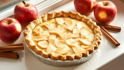 A freshly baked apple pie surrounded by red apples and cinnamon sticks, creating a cozy, inviting scene. Concept Apple Pie Display, Cozy Kitchen Vibes, Fresh Ingredients, Autumnal Decor