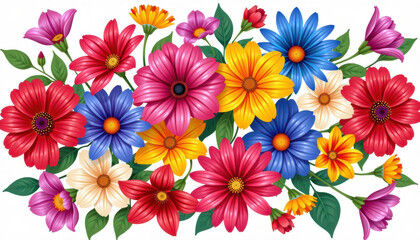 Obraz premium Vibrant Floral Symphony: A stunning cluster of colorful flowers in full bloom, each petal displaying vivid hues and intricate details, representing the beauty and diversity of nature's artistry.