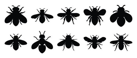 Collection of Various Bee Silhouettes Black and White Insects Icons