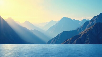 Serene mountain vista at sunrise, reflecting on a calm, tranquil body of water; a picturesque scene of nature's majesty