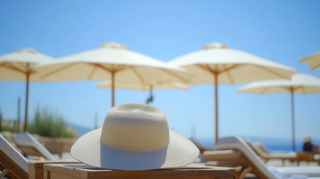 Straw hat on a sun lounger by a pool with parasols.