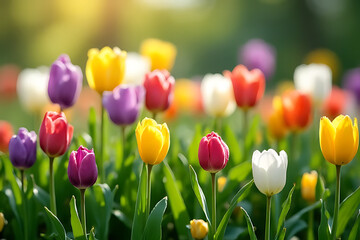 close-up scene of mixed spring flowers in a natural garden bed, surrounded by green leaves, with a blurred background 