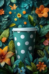 Polka dot paper cup amidst vibrant nature with flowers and butterflies