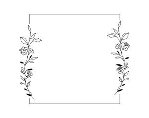 Floral and square hand drawn style. Floral black and white frame of twigs, leaves and flowers. Frames for the Valentine's day, wedding decor, logo and identity template.