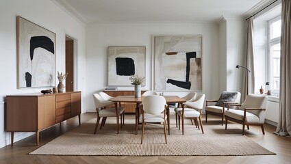 Modern Dining Room with Wood Furniture and Contemporary Artwork Adorning the Walls