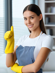 A smiling young cleaning lady in a blue apron and yellow rubber gloves shows a thumbs up in the bright interior of a modern home
