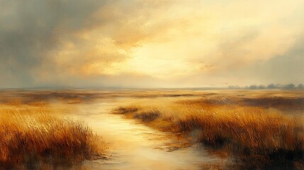 Golden marsh landscape at sunrise, painted in soft tones.