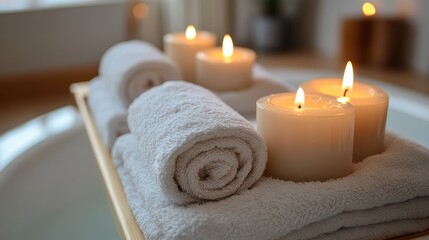 Candles and rolled towels sit above a tub.  Cozy, relaxing, and inviting atmosphere