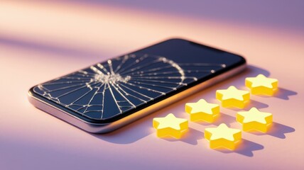 Frustrated customers review concept. Broken smartphone with glowing stars representing ratings or reviews, set against a soft background.