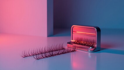 Lash Tech. Modern silver eyelash curler with glossy black handle curling long natural eyelashes, beauty tool concept for makeup tutorials, cosmetic brands, salon promotions, gradient pink and blue ba